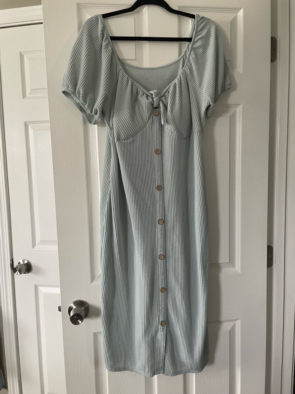 Light Blue Button-Front Midi Dress with Tie Detail